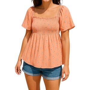 Smocked Floral Blouse Womens M Cottage Romantic Boho Chic Fairy Western Feminine